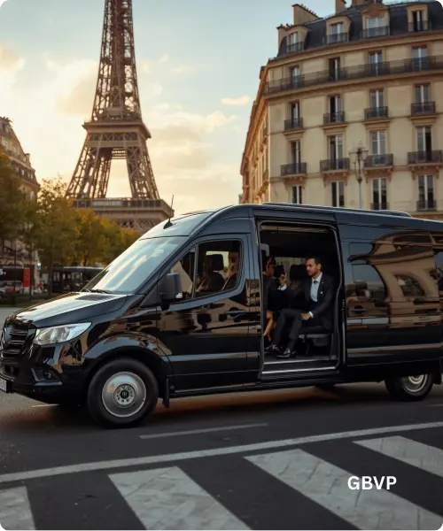 Professional chauffeur standing beside luxury van at Paris airport